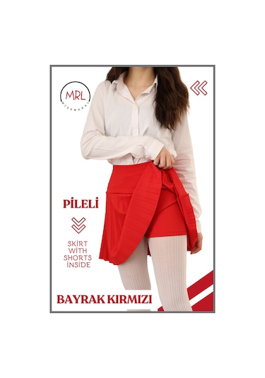 Kız Çocuk Pileli Etek Kırmızı Yüksek Bel İçi Şortlu Likra Kumaş Okul-oyun-spor-etkinlik Eteği 4105 Kırmızı