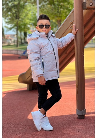 Erkek Çocuk Çıkarılabilir Kapüşonlu Baskılı Yakası Detaylı Kışlık Mont Km3501 Gri