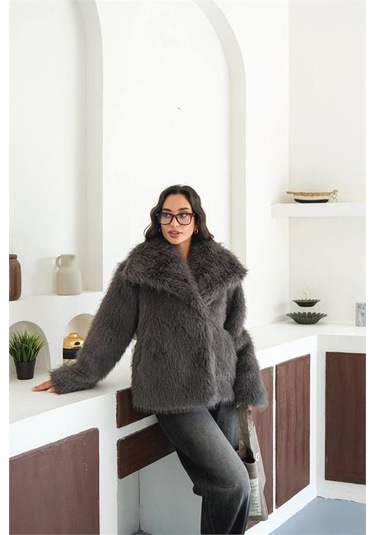 Neşeli Butik Kadın Antrasit Astarlı Kürk Kaban Nbmylk32 Antrasit