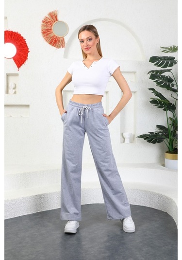 Kallima Gri Mevsimlik Salaş Rahat Bol Paça Kadın Eşofman Altı Gri