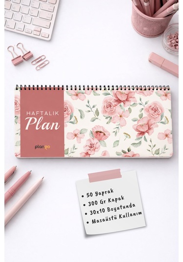 Tarihsiz Spiralli Haftalık Masaüstü Planlayıcı - Gül - 10x30 Cm Plango Turkuaz