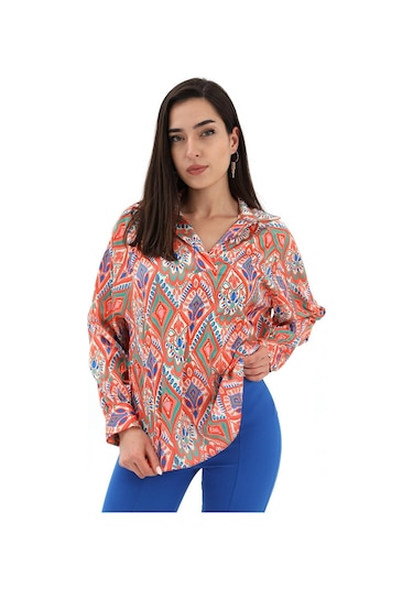 Reglan Kol Baskılı Saten Gömlek - Turuncu-turuncu Turuncu