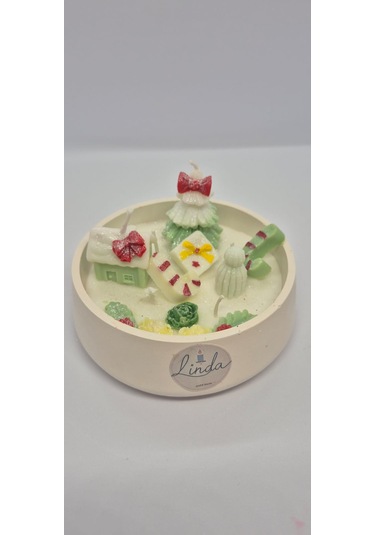 Yılbaşı Hediyelik Linda Kase Mum El Yapımı, Doğal Soya Mum Açık Sarı - Yeşil