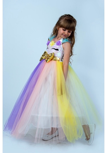 Uzun Unicorn Kasnaklı Kız Çocuk Parti Elbisesi