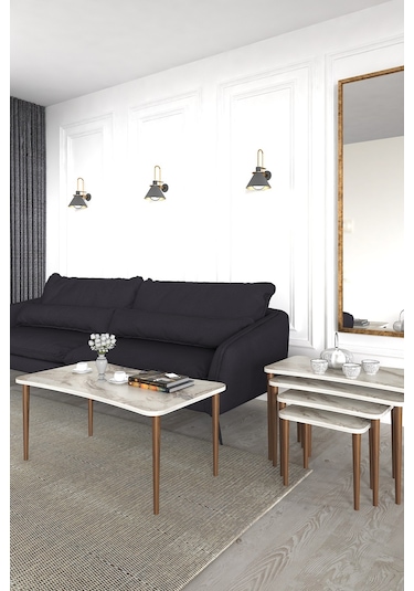 Aleyna 5li Orta Sehpa ve Zigon Sehpa Ahşap Ayaklı – Beyaz Mermer