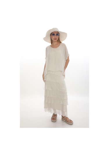 İtalyan 2 Beden İnce Gösteren Yarım Kol Kat Kat Ipek Elbise KREm