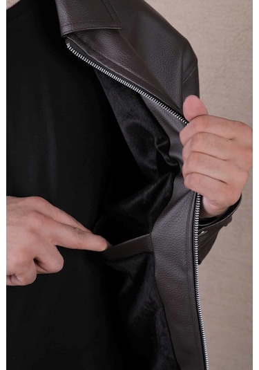 Ohepmoda Oversize Rahat Kalıp Düz Erkek Deri Ceket Kahverengi