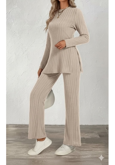 Evyora Kadın Uzun Kollu Bisiklet Yaka Yandan Yırtmaçlı Şardonlu Kaşkorse Bluz Ve Pantolon Ikili Takım Bej Evyora Kadın Uzun Kollu Bisiklet Yaka Yandan Yırtmaçlı Şardonlu Kaşkorse Bluz Ve Pantolon Ikili Takım Bej