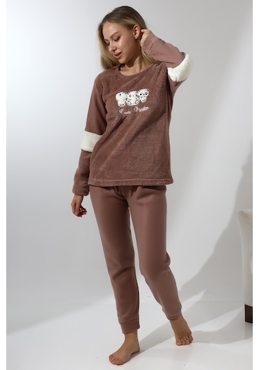 Fawn 5024 Peluş Welsoft Polar Kışlık Yumoş Kadın Pijama Takımı Vizon