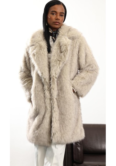 Bej Midi Boy Şal Yaka Kürk D99773 Bej