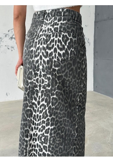 Zeo Basic Leopar Desenli Maxi Etek Haki