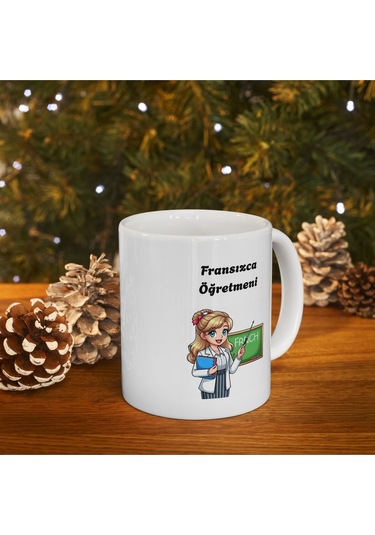 Kadın Fransızca Öğretmeni Hediyelik Baskılı Porselen Beyaz Lüks Kupa Bardak Beyaz