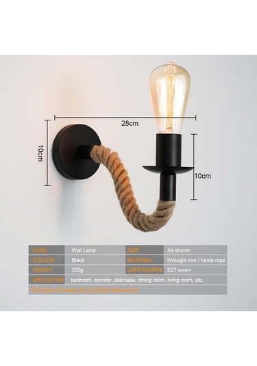 Retro Kenevir Halat Endüstriyel Loft Duvar Lambası Eski Dekor Duvar Aydınlatma Armatürleri Oturma Odası İçin Kapalı Aplikler Aydınlatma Dekoratif Siyah