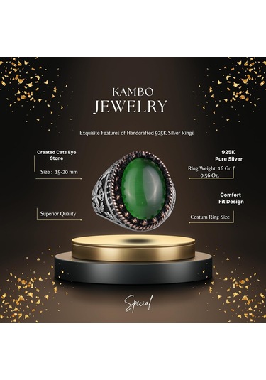 925 Ayar Gümüş Yüzük, Yapay Taş Yüzük, Kartal Sembolü Yüzük, El Yapımı Yüzük Yapay Yeşil Kedi Gözü Gümüş
