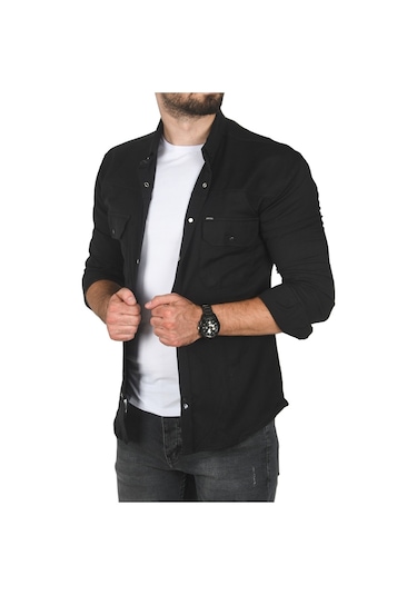 Deepsea Erkek Siyah Büyük Beden Pamuklu Likralı Spor Gömlek Dar Kalıp, Çıt Çıt Kapamalı 2500423 Siyah