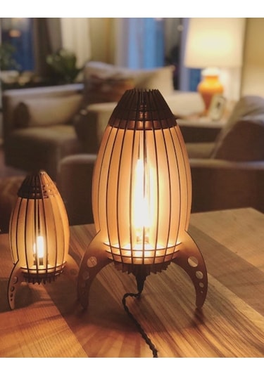 Çocuk Genç Odası için Doğal Ahşap Mdf Lazer Kesim Roket Abajur  - Kahverengi