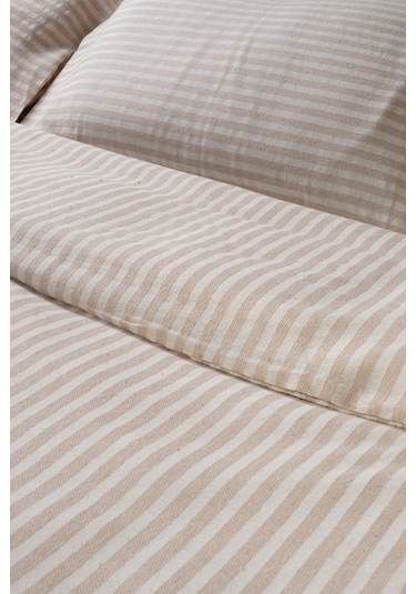Vivamaison Çizgili Keten Tek Kişilik Nevresim + Yastık Sütlü Kahverengi
