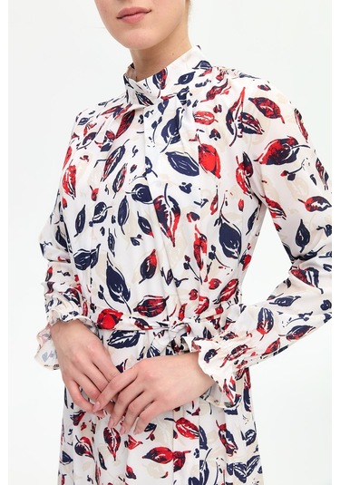 Yaprak Desenli Empirime Elbise Lacivert