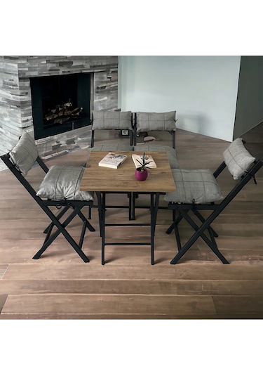 Modern Style Home Minderli Balkon Bahçe Mutfak Bistro Set Katlanır 4+1 Masa-sandalye Açık Gri