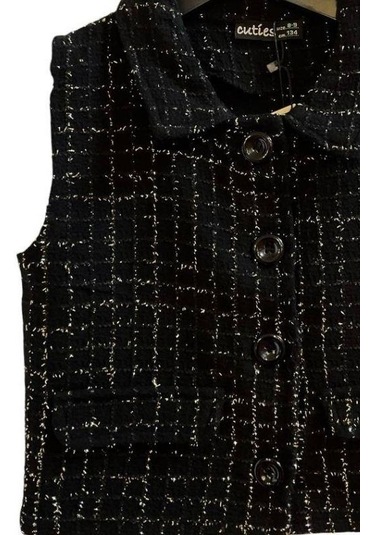 Kız Çocuk Tüvit Kumaş Simli Yelek-15051 Siyah