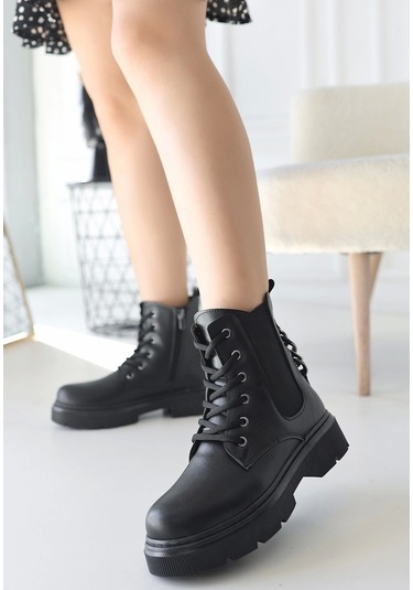 Harte Siyah Cilt Bağcıklı Bot Siyah