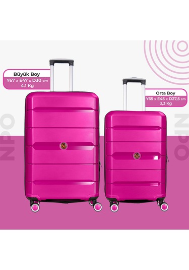 Npo Diamond Pp Polipropilen Büyük Ve Orta Boy 2'li Kırılmaz Valiz Seti - Fuşya Pembe