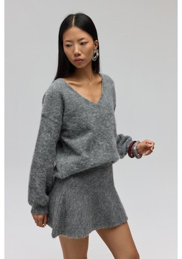 Mai Collection Mai Studios Co. Nordis Volanlı Gri Triko Mini Etek gri