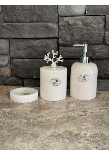 3'lü Set Beyaz Mermer Gümüş Aksesuarlı Sıvı Sabunluk, Makyaj Pamukluk, Katı Sabunluk Beyaz