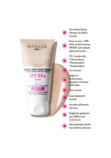 Byphasse Anti-Aging 3'ü 1 Arada Renkli Güneş Kremi Medium SPF50+ 50 ML