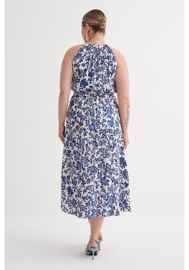 Halter Yaka Kuşaklı Desenli Uzun Elbise-6215 Mavi
