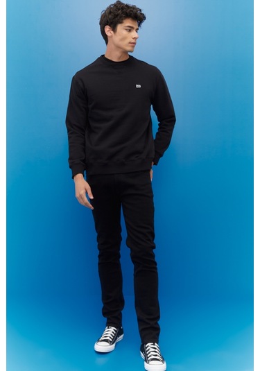Regular Fit %100 Pamuk Bisiklet Yaka Siyah Şardonlu Sweatshirt Siyah