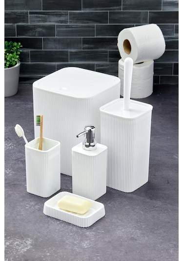 Line 5 Parça Kare Banyo Seti - Çöp Kovası Wc Fırçası Sıvı-katı Sabunluk Diş Fırçası Beyaz