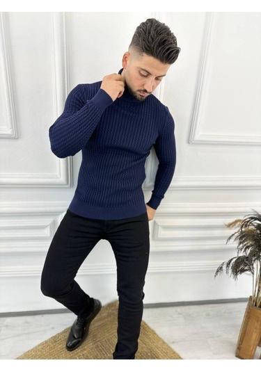 Kazak Slim Fit Tüylenmez Naturel Pamuk Triko Boğazlı Balıkçı Yaka Kazak Lacivert