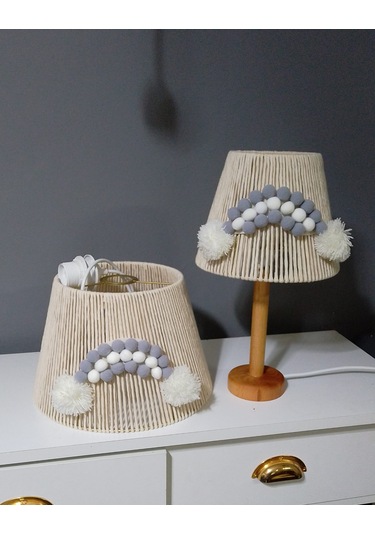 Ekru Makrome Avize Abajur Set Çocuk Odası Avize Bebek Odası Avize Ponpon Gökkuşağı Ekru