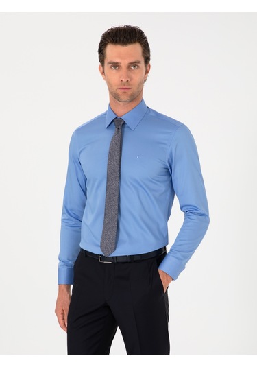 Cacharel Mavi Slim Fit Pamuklu Klasik Gömlek