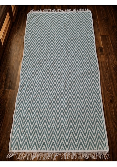 Pamuklu Cotton Kilim Çift Taraflı Yıkanabilir Dekoratif 80x150 - Mint V1 Siyah - Beyaz