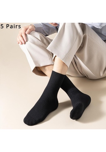 Siyah 5 Çift/grup Erkek Dikey Çizgili Pamuklu Çorap Orta Buzağı Nefes Alabilen Çorap İş Spor Çorapları Siyah