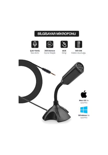Pc Laptop Uyumlu Oynar Başlıklı Masaüstü Mikrofon 3.5mm Aux
