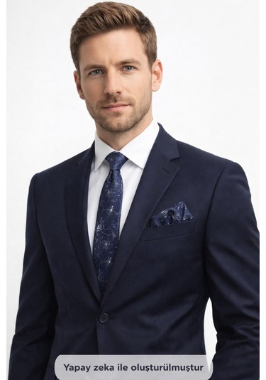 Gaffy Gri Desenli Lacivert Dokuma Kumaş Mendilli Slim Fit Kravat // Sdk-2613-2 Lacivert