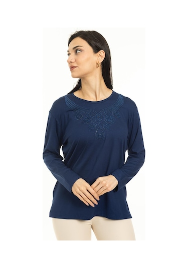 Kadın Orta Yaş Ve Üzeri Yeni Model Yuvarlak Yaka Likralı Anne Penye Bluz 30550-indigo