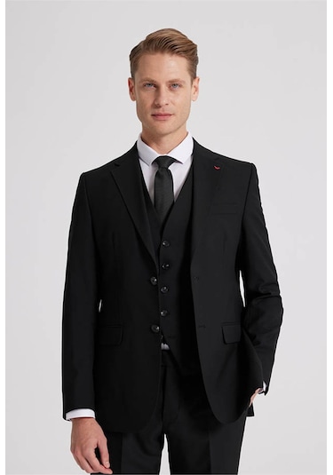 Ds Damat Slim Fit Siyah Mono Yaka Tek Yırtmaçlı Astarlı Takim Elbise Yelekli 4HFY5ORT01599 Siyah