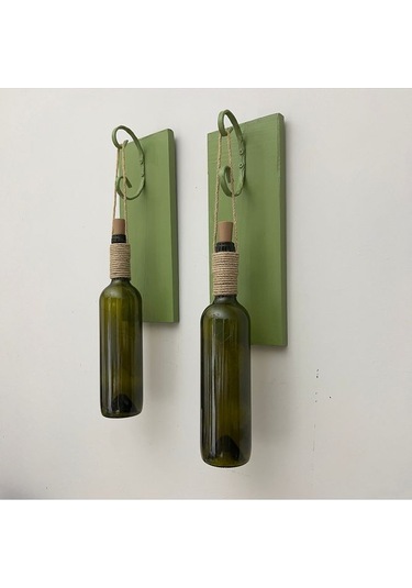 Led Işıklı Yeşil Ahşap Renkli Retro Şarap Şişesi Duvar Aplik 2'li Set Yeşil