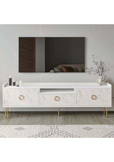 T0015 Lidya Kapaklı, Açık Raflı Tv Sehpası - Beyaz/mormo Beyaz Mermer Beyaz/mormo Beyaz Mermer