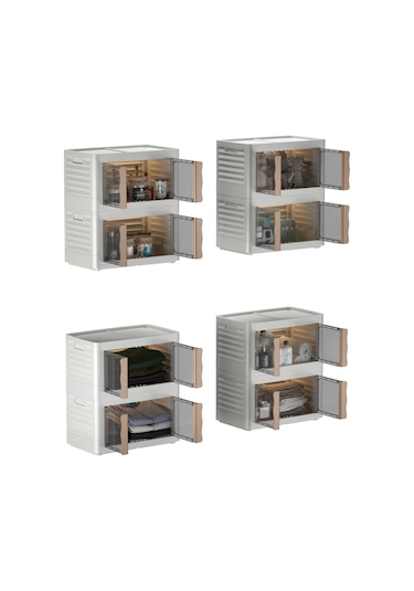 Hi-box 2'li Katlanabilir Istiflenebilir Çok Amaçlı Eşya Dolabı Krem