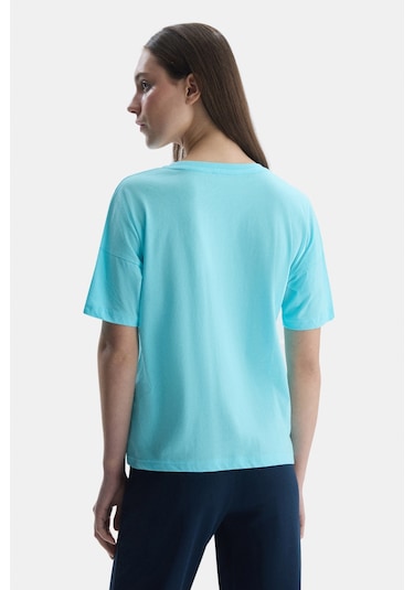 Ucla Sanchez Mavi Bisiklet Yaka Baskılı Standard Fit Kadın Tshirt Mavi