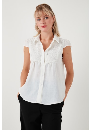 Lela Dantel Detaylı Kısa Kollu Regular Fit Bayan Gömlek 611Go0215 Ekru