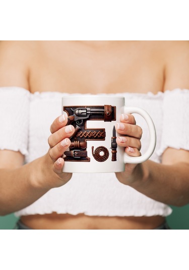 F Harfi Kovboy Temalı Bardak 330 Ml İsim / Harf Kişiye Özel Hediye - Vahşi Batı Konsept Beyaz