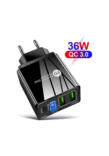 Xiyyadms 36w Hızlı Şarj Cihazı, 3 Usb Qc3.0+pd Portlu, Mini Taşınabilir, Siyah Küçük Avrupa Standartı Telefon Şarj Aleti