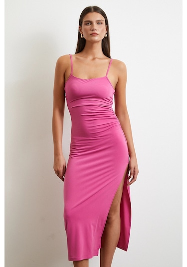 Yanı Büzgülü Askılı Elbise Yırtmaçlı Pembe Pembe