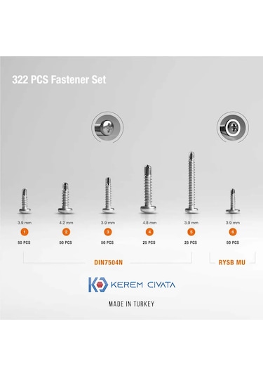 Kerem 322 Parça 13 Çeşit Matkap Uçlu Vida Seti 20 CM